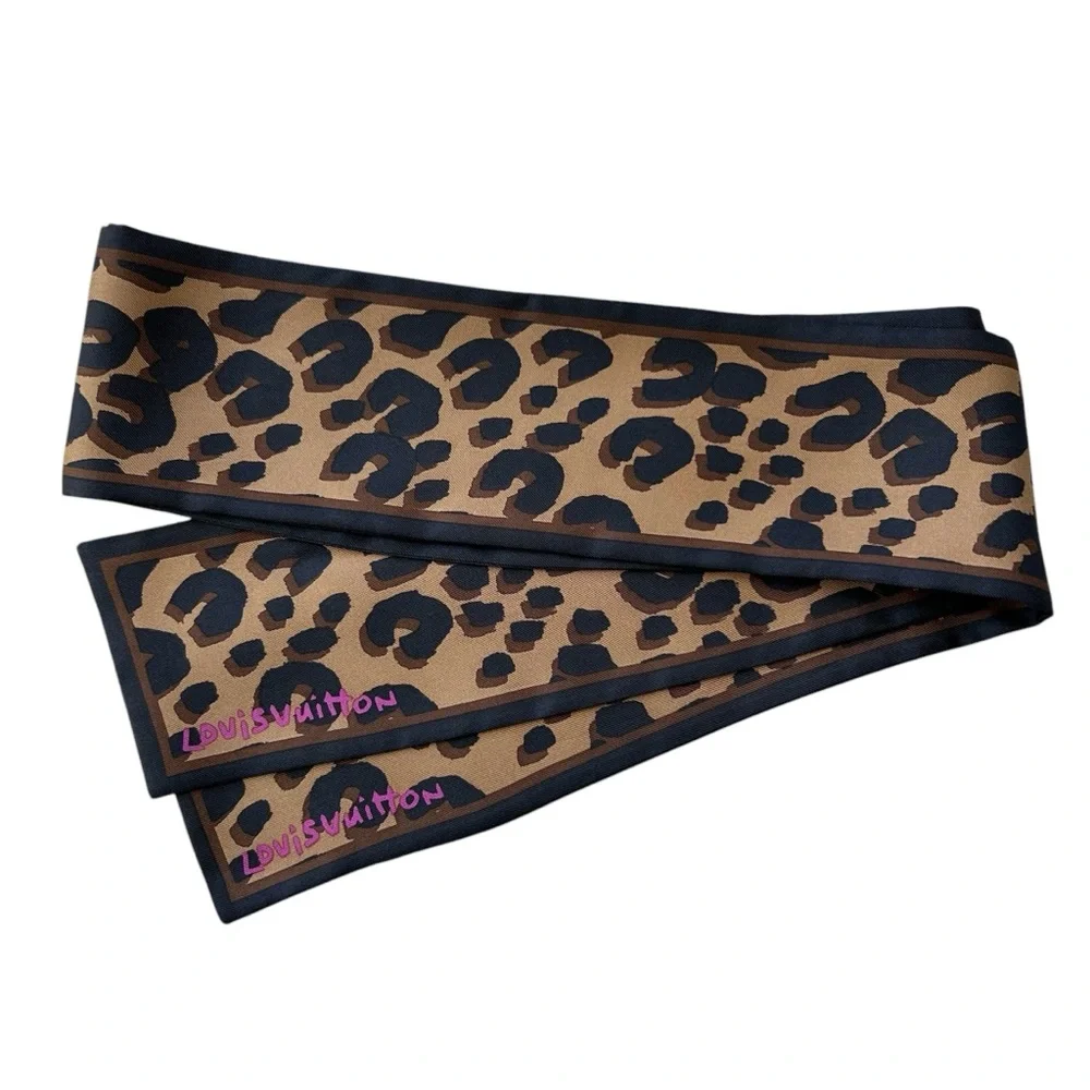Louis Vuitton 100% Silk Scarf M 72394 Brown Black Leopard Print Bandeau Designer